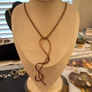 Vintage copper twist necklace w oversized artistic pendant Guc 24" + 5" pendant